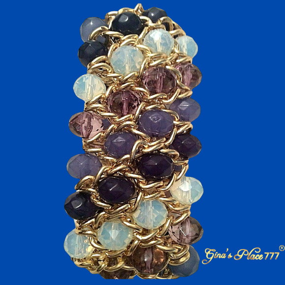 Brand New I.N.C. Gold-Tone Chunky 4 Rows Mixed Blue Beads Stretch Bracelet - Picture 3 of 6